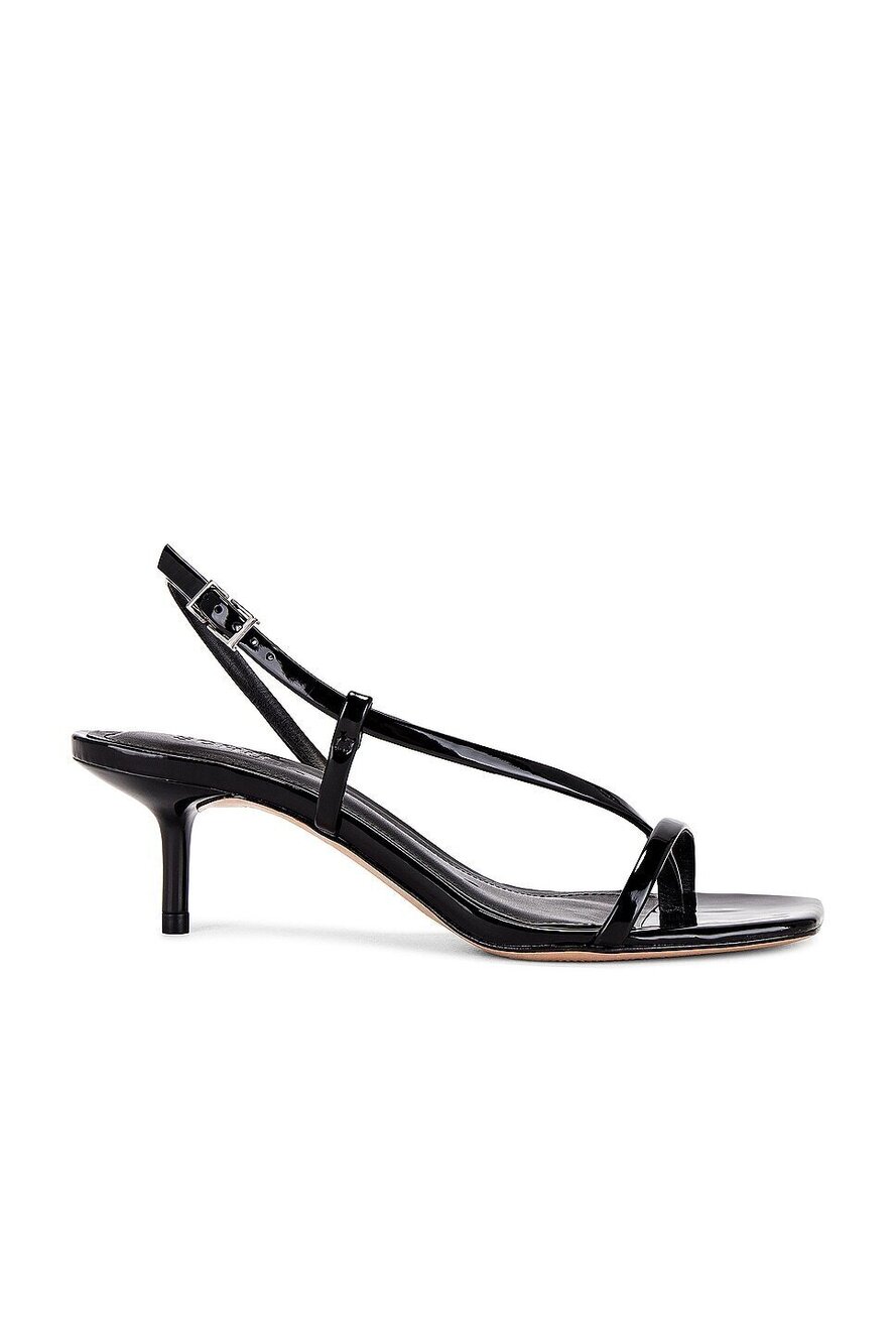 Schutz Heloise Sandal in Black faux patent leather mid heel square toe slingback